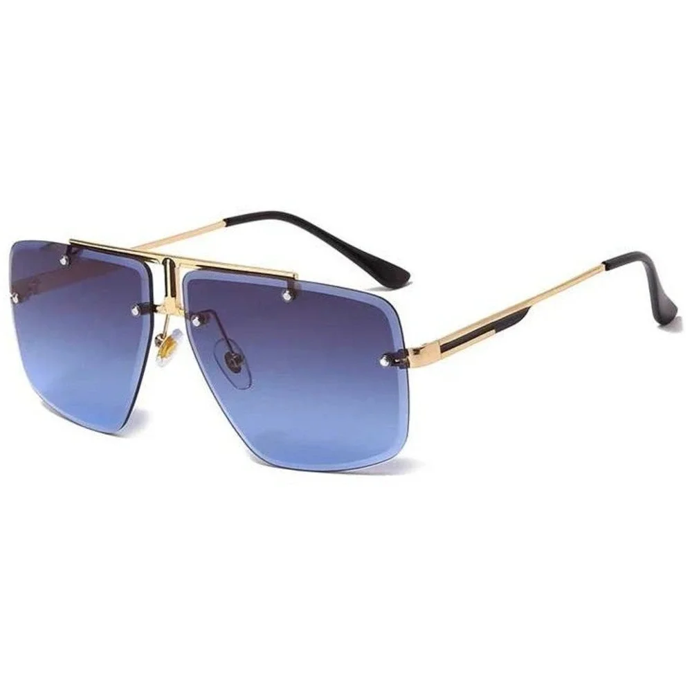 Rimless Sunglasses‎ Men Square Navy Blue Lens Gold Frame Fashion Shades Lentes
